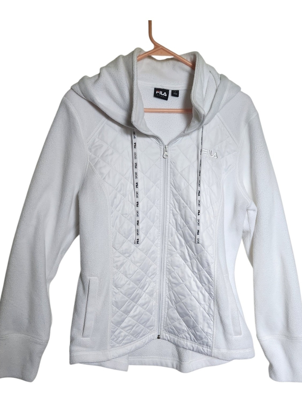 FILA Sport White Quilted Front Panel Full Zip Hoodie With Branded Drawstrings LG